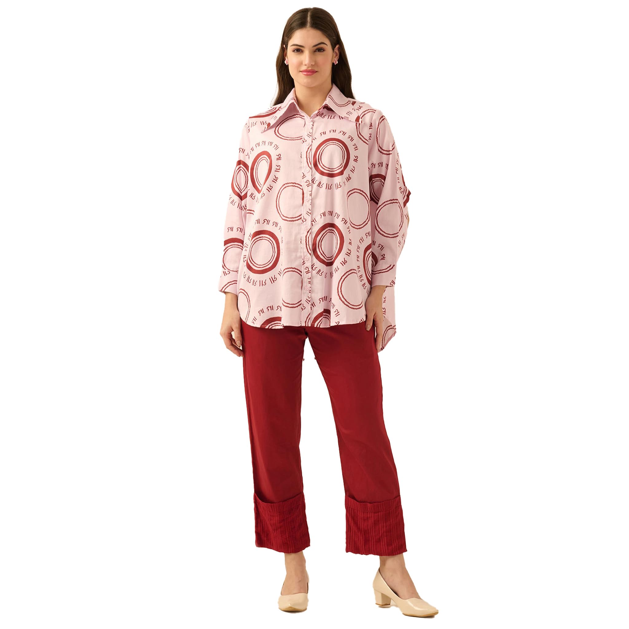 pink and red maa print shirt with cutout sleeves and folded hem straight trouser set