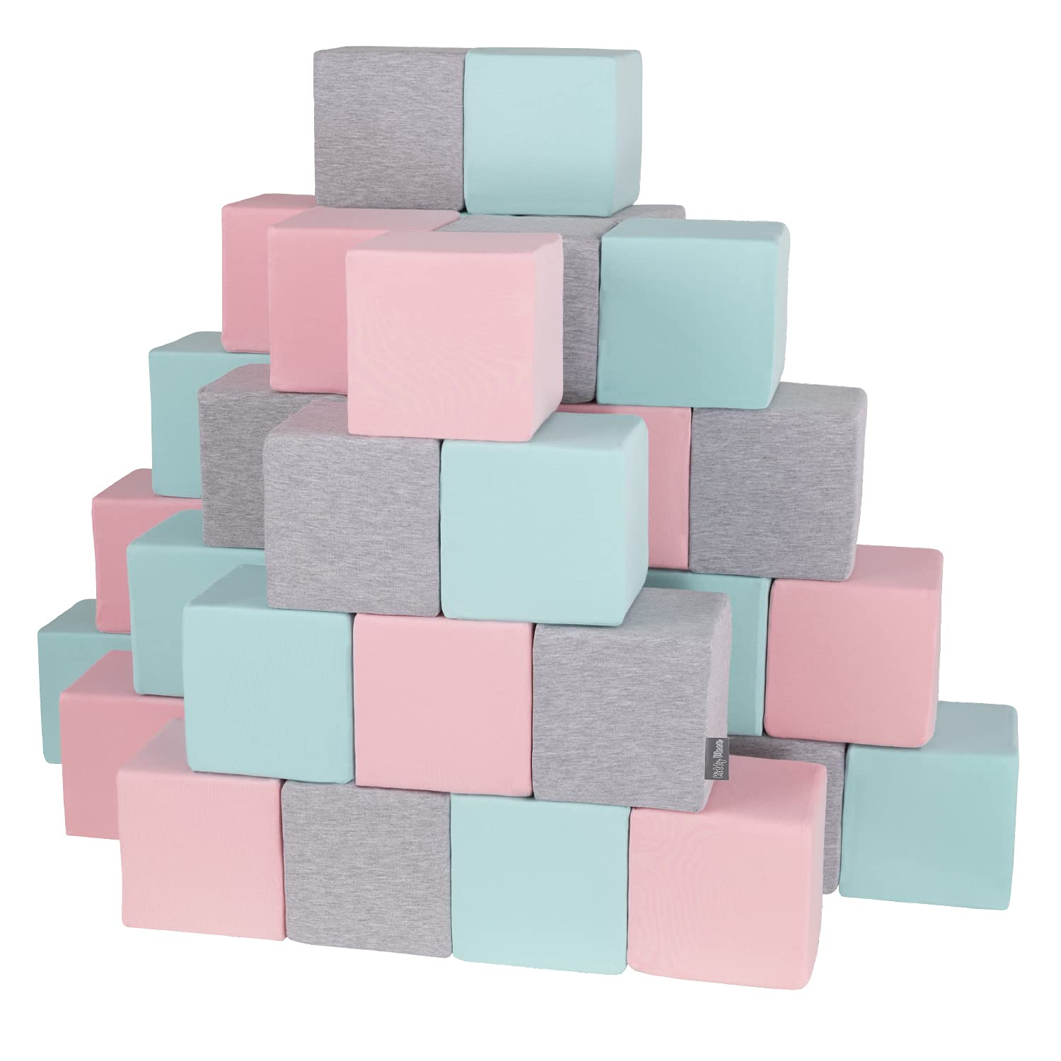 KiddyMoon Soft Foam Building Blocks For Babies & Toddlers, Washable Cotton Zip Cover, 14Cm Cubes, Sensory Toy, 48 Pieces, Cubes:Light Grey-Pink-Mint โ image 1