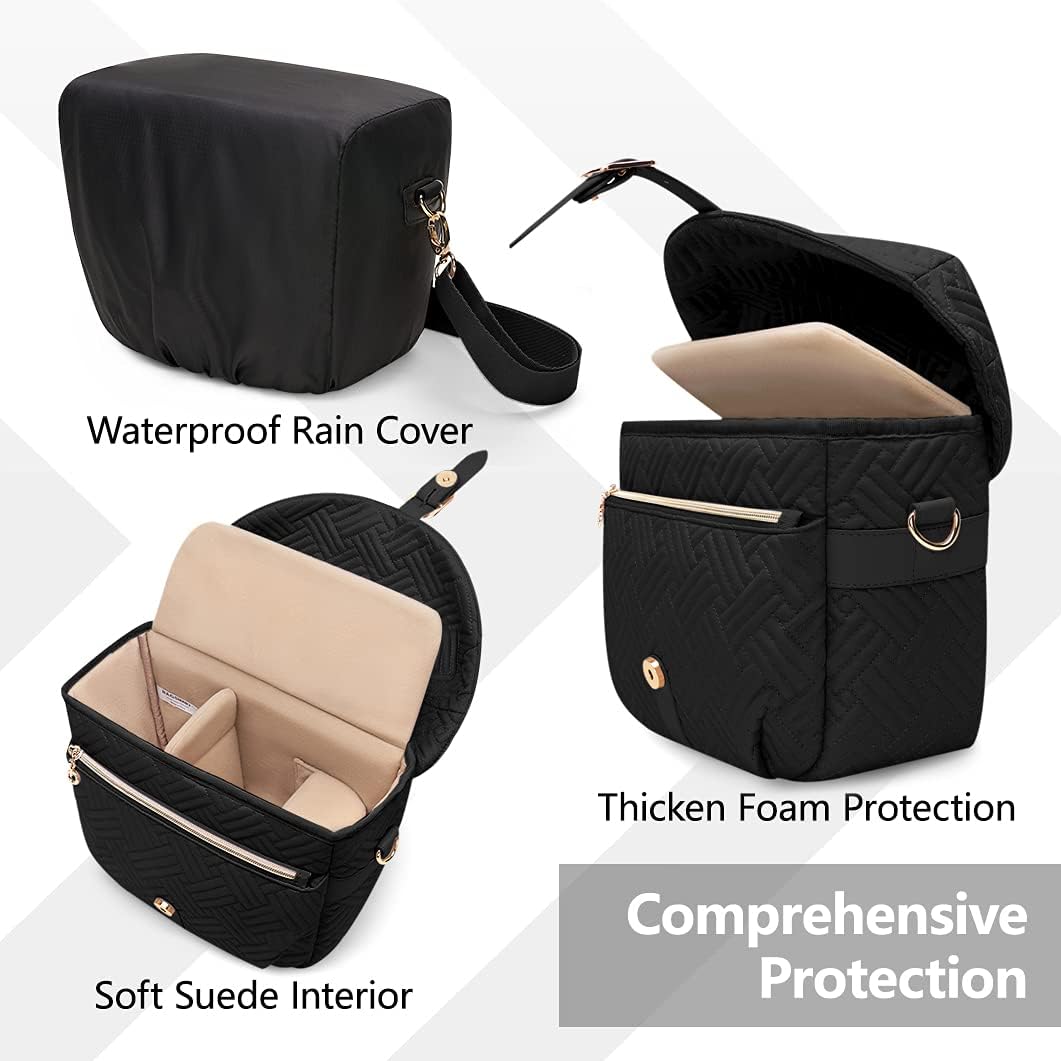 BAGSMART Camera Bag, SLR DSLR Camera Case, Quilted Cotton Camera Shoulder Bag with Rain Cover for Men and Women, Black