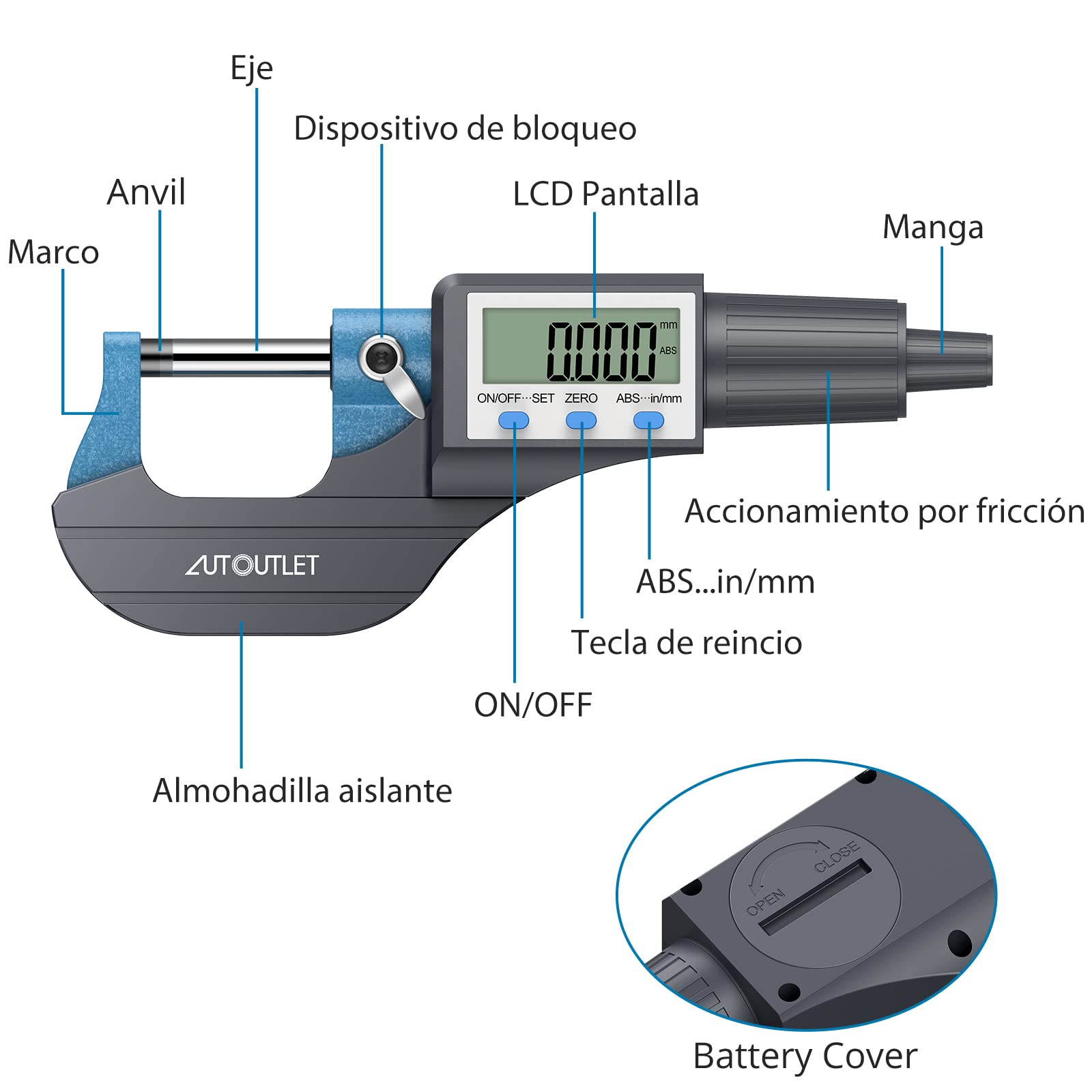 AUTOUTLET LCD Micrómetro Digital 0-25 mm / 0,001 mm, Micrometro Calibre Digital Micrómetro Electrónico Exteriores de Alta Precisión Micrómetro Exterior Micro Calibradores Medición de Longitud