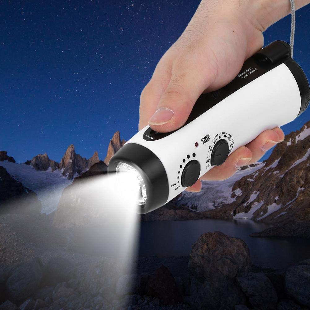 Torcia ricaricabile con energia solare e manovella, manovella esterna in plastica Torcia multifunzione Radio di emergenza LED Torcia Ricarica del telefono cellulare(bianca)