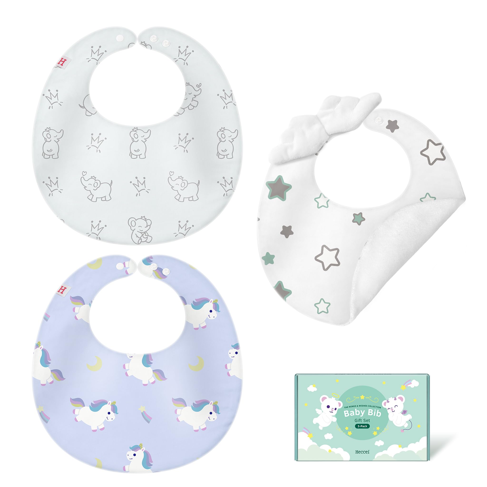 HECCEI Baby Dribble Bibs 3-24 Months, Soft Dual Layer Cotton Baby Bandana Bibs with Adjustable Snaps Ideal for Drooling, Feeding & Teething 3-Pack (Angel Wings+Snackyphant & Dreamiecone) โ image 1