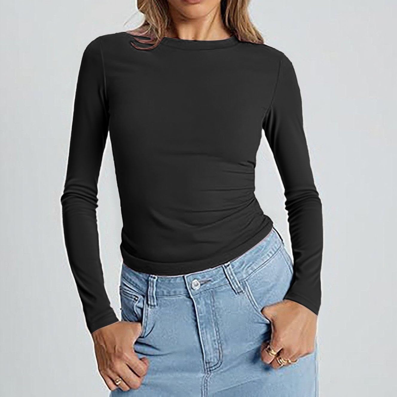 Lot de 3 t-shirts thermiques à manches longues et col rond pour femme - Coupe ajustée - Coupe ajustée - Couleur unie - Polyvalent - Tendance - Esthétique - Streetwear XS à XL