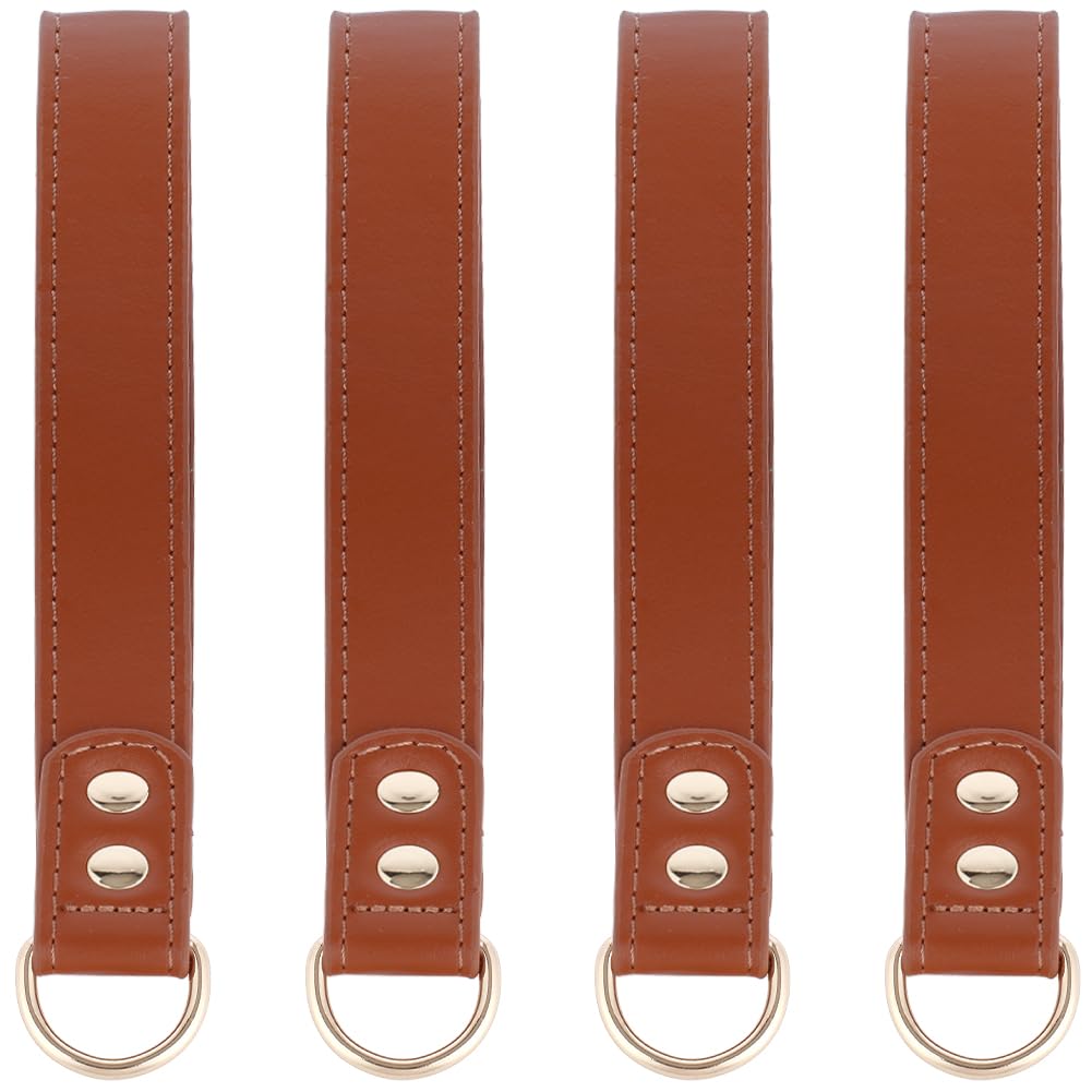CALFOVERA 4PCS Heavy Duty PU Leather Tool Belts Brown Loop Attachments for Suspenders Leather Strap Connectors Handmade Suspender Loops Hook Accessories with Alloy D Rings for Men Women