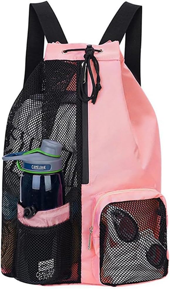 Swimming Drawstring Bag,Backpack with Wet Pockets,Beach Storage Backpacks,Mesh Swim Equipment Beach Bag for Swimming, Gym, and Workout Gear(Pink)