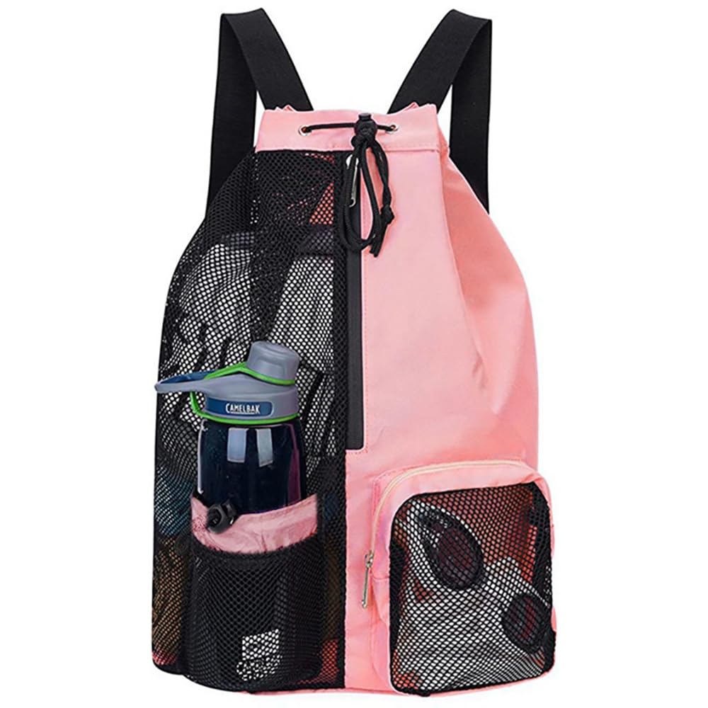 Swimming Drawstring Bag,Backpack with Wet Pockets,Beach Storage Backpacks,Mesh Swim Equipment Beach Bag for Swimming, Gym, and Workout Gear(Pink)
