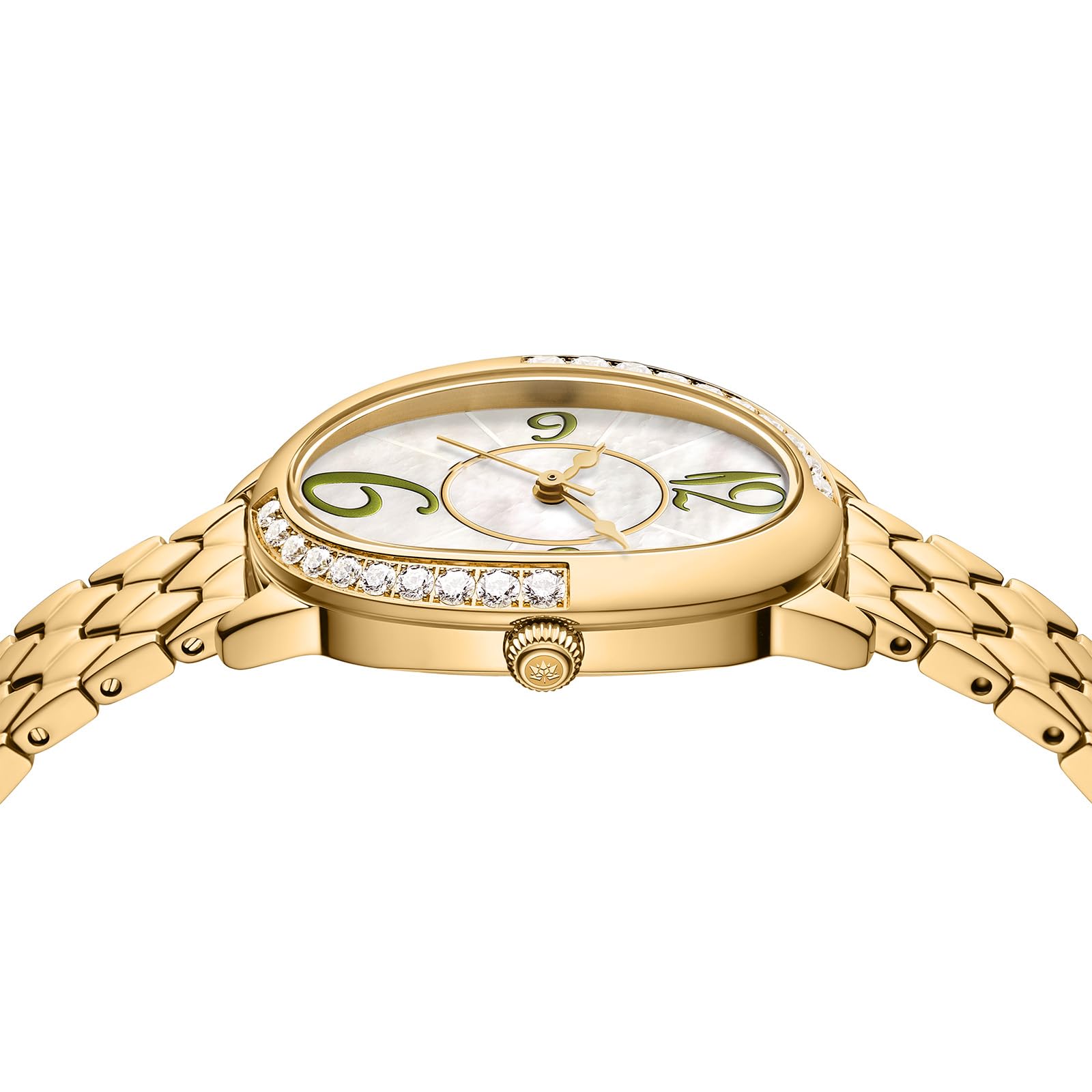 GOLDEN MAPLE Ovale Damenuhr, goldfarben mit Kristallakzenten, strukturiertes Armband, Perlmutt-Zifferblatt, Damenuhren, luxuriöses Geschenk für Sie