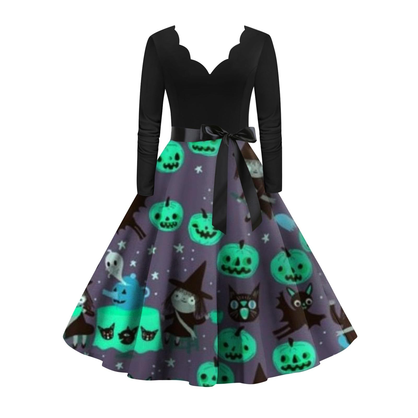 Women's Halloween Costumes Casual Fashion Print Vintage Long Sleeve Dress Costumes,S-2XL