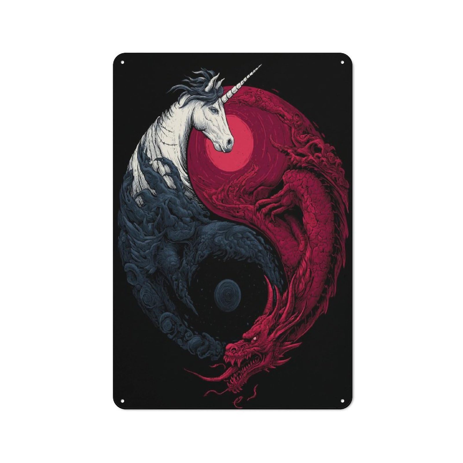 Junmoney Yin-Yang Unicorn Vs Dragon Artwork Industrial Tin Sign 30X20cm, Garage Wall Decor For Garage, Hobby Room, Office Or Man Cave