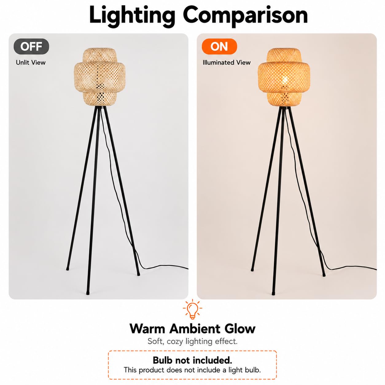 Alpinaluz Lámpara de Pie Trípode E27 Mimbre Natural Base Negra | Pantalla tejida a mano Ø30 cm y estructura metálica negra, estilo boho rústico para salón, dormitorio y lectura