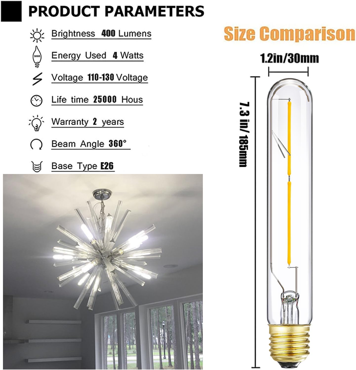 Leools T10 LED Bulb 4W Dimmable E26 Base Tubular Light Bulb 4000K Daylight 40W Equivalent 400lm T9 T8 Bulb for Rustic Pendant, Wall scones Tube Light Desk Lamp Vintage Edison Long Light Bulb,4Pcs