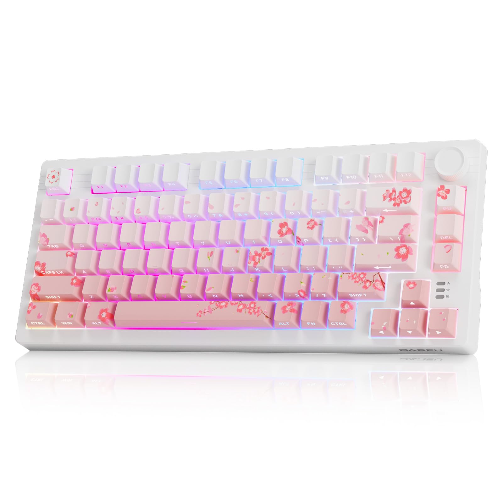 DAREU EK75PRO Sakura Pink Wireless Mechanical Keyboard,75% Hot Swap Creamy Gaming Keyboard with Knob,RGB Backlit,Gasket Custom Structure,Side Printed
