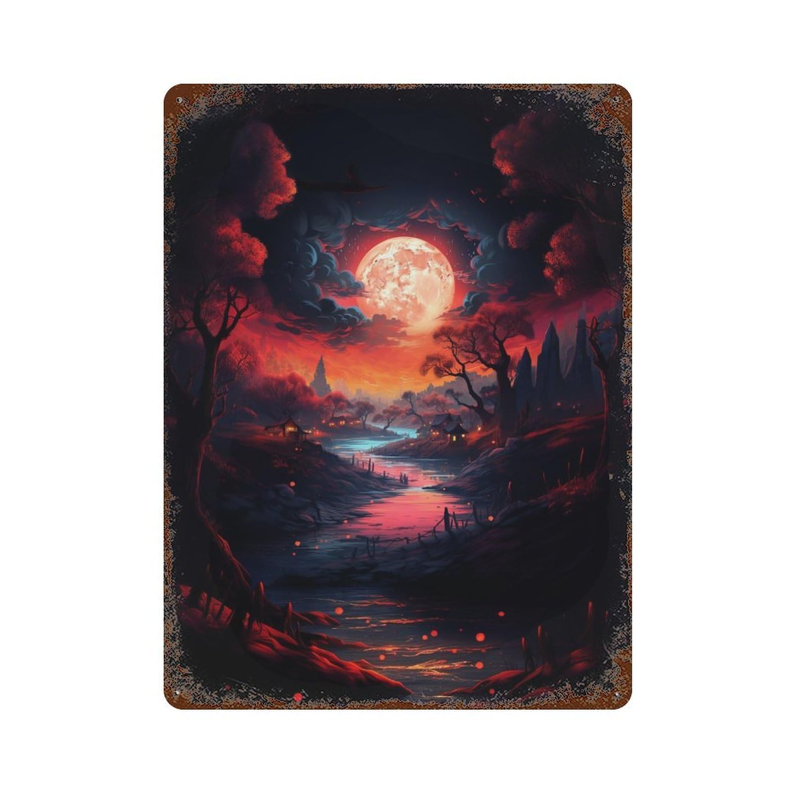 Garage Style Moonlit River Landscape-1 Vintage Rust Metal Sign 15.7"x11.8", Novelty Wall Decor for Bar And Workshop