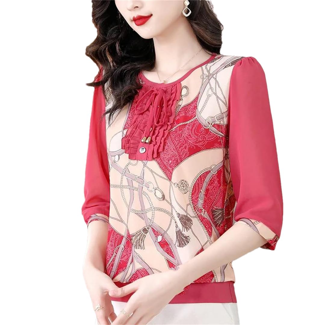 Camicia da donna in chiffon con stampa floreale estiva in rete con giuntura allentata O-collo slim camicia