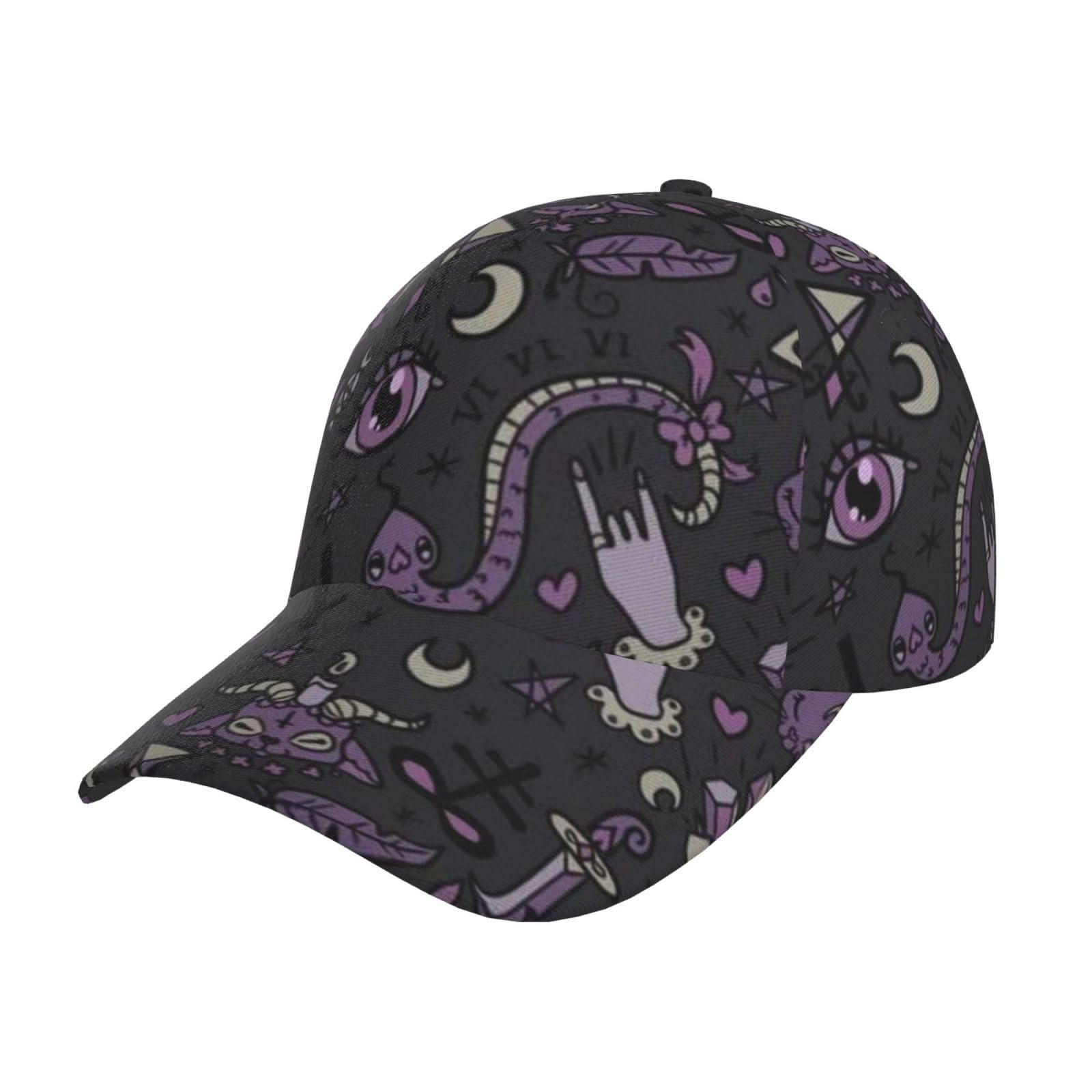 HYSDPUZK Purple Black Goth Spooky Print Tylish Curved-Brim Baseball Cap - Full Print Polyester Hat for All Seasons and Genders