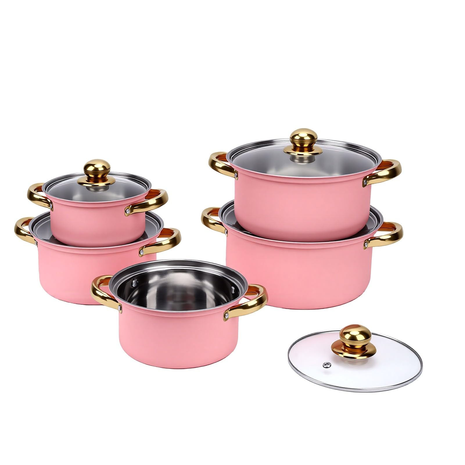 Generic Zestaw naczyń ze Stali Nierdzewnej 16 Cm 18 Cm 20 22 24 Trwałe Garnki do Gotowania w Domu ze Szklanymi Pokrywkami (PINK)