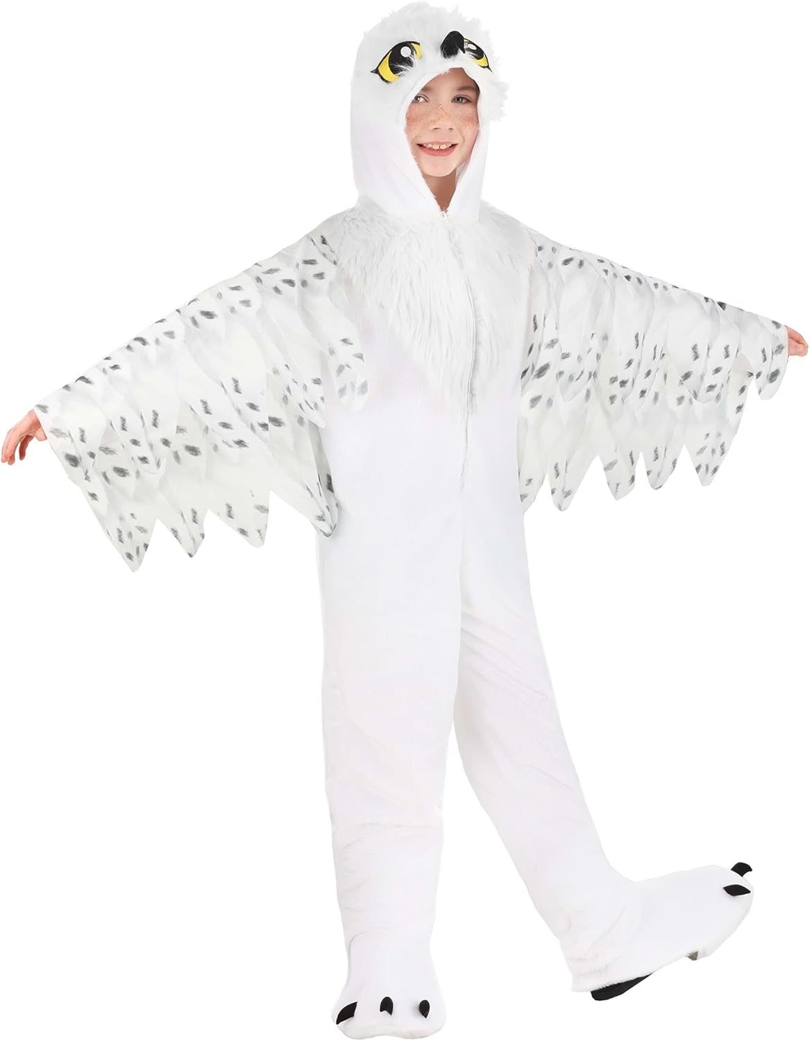 Kids White Owl Halloween Costume | Plush Hooded Jumpsuit with Shoe Covers for Boys and Girls for Dress-Up and Parties