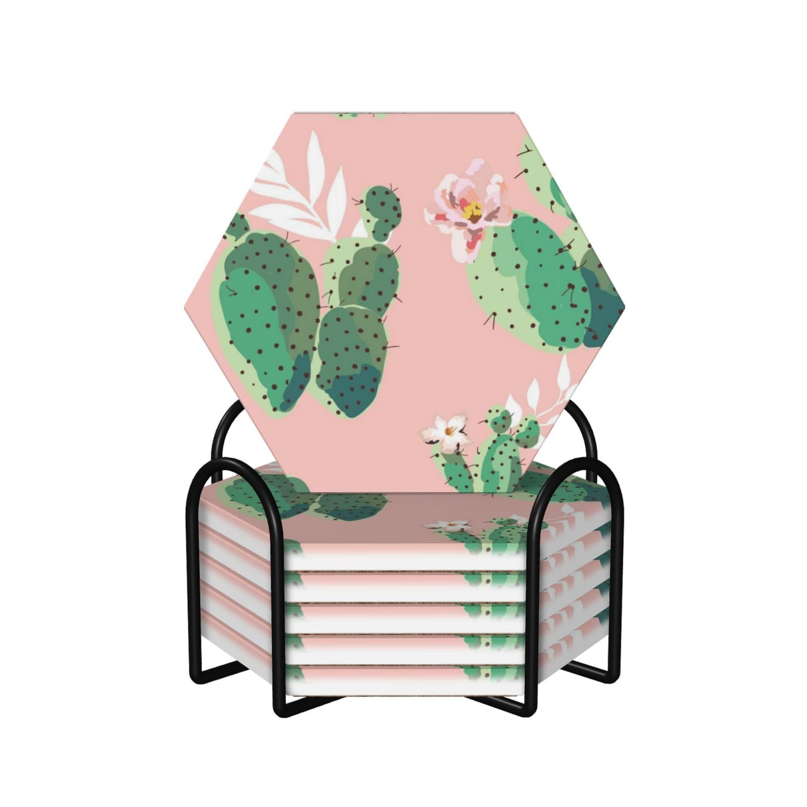 Dessous de verre en céramique lot de 6 avec support métal et liège cactus