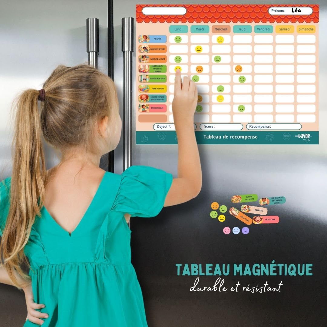 Tableau de Récompense Magnétique pour Enfants – Planificateur Hebdomadaire et Quotidien avec Aimants Illustrés et Smiley –Organisation, Autonomie, Comportements Positifs –Fixation Frigo ou Mur