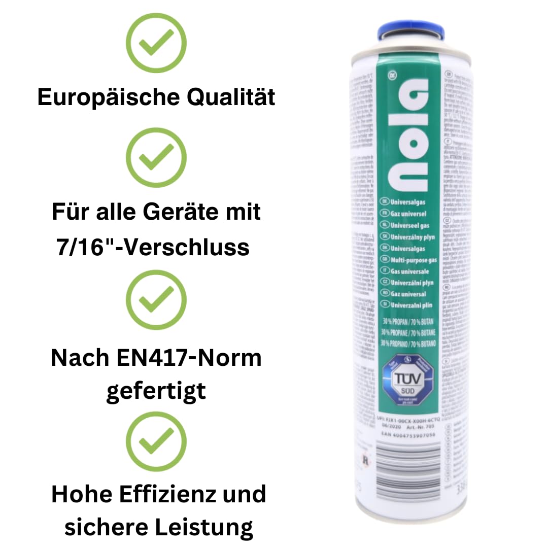 NOLA 12x 600ml (338g) Universalgas Gaskartuschen – 70% Butan / 30% Propan – Schraubventil EN417 – Campinggas für Unkrautbrenner, Lötbrenner, Gaskocher, Gasgrill & Outdoor-Einsatz – Made in Europe