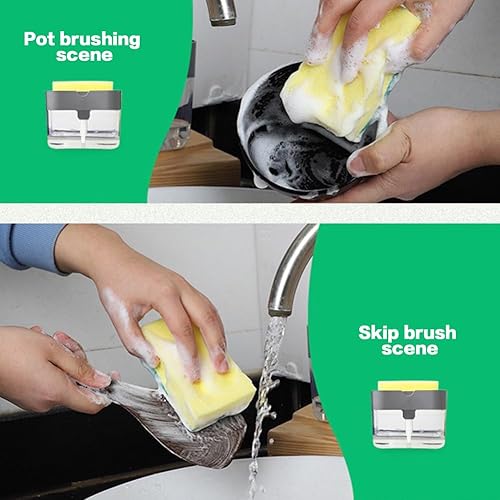 Miniatura 6 de Dispensador de jabón para platos de cocina de primera calidad, 1 unidad con soporte de esponja integrado para encimera, color gris