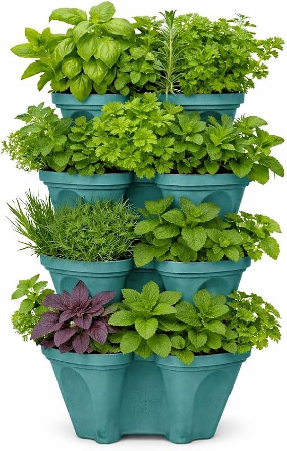 Large Vertical Planter Tower, 4 Tier Stackable Garden Planter, 16 Plant Sites, Heavy Duty Strawberry Planter, Vertical Growing System with Center Hole, Made in USA (Mineral Teal, Large)