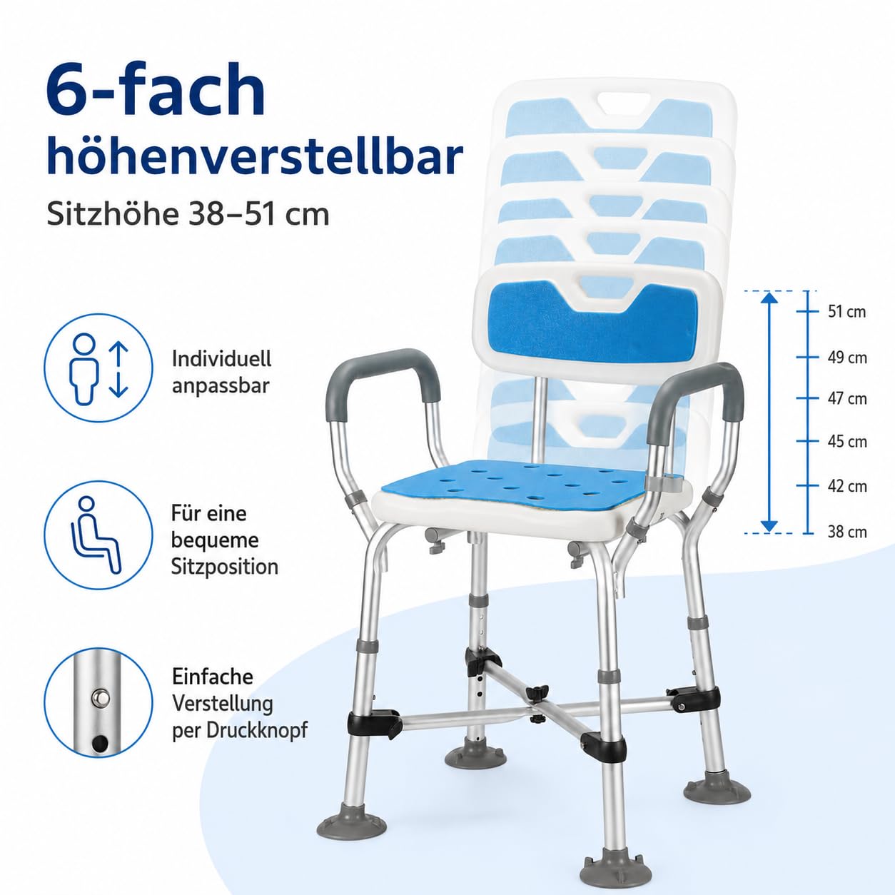 Silla de ducha con respaldo para personas mayores, asiento de ducha regulable en altura, taburete de ducha con doble viga transversal reforzada, taburete para bañera, banco de ducha con