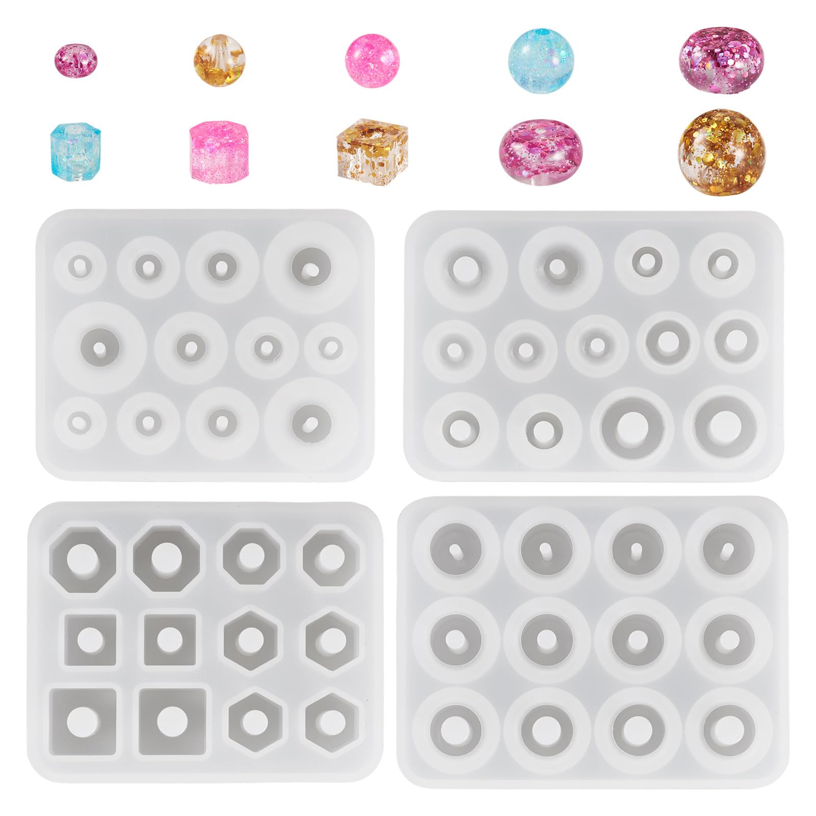 Cheriswelry 4Pcs DIY Beads Silicone Molds Assorted Shapes Beads Epoxy Resin Casting Moulds for Jewelry Making Necklace Pendants DIY Craft Projects