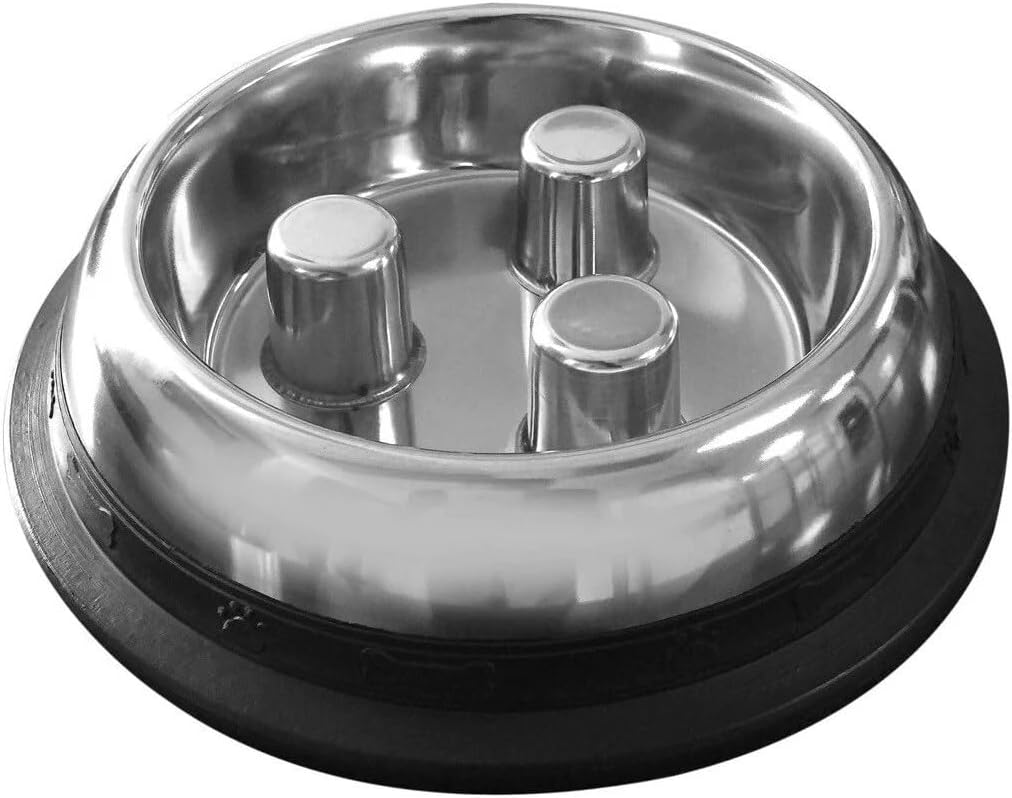 Slow Feeder Bowls Dog Dishes Stainless Steel Healthy Standard Embossed or No Tip (Non Tip - 16 Ounces)