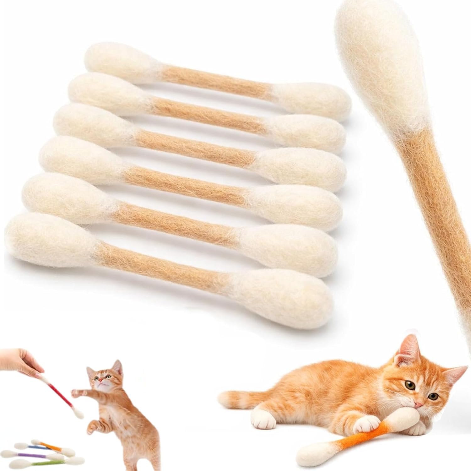 Cotton Swabs Cat Toys with Catnip 6 Pk Big Durable Kitten Chew Dental Teething Ropes Giant Interactive Felt Kitty Kicker Toy Sticks for Boredom Exercise Play Anxiety Digestive Aid Lover Gift