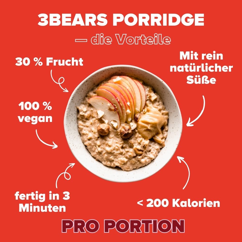 Porridge d'avoine | 3Bears Porridge | Pomme Cannelle - 4 x 400g - Avec de vrais morceaux de fruits | Porridge , Céréales, Oatmeal, Petit Déjeuner Healthy, Sans Sucres Ajoutés, Instantané
