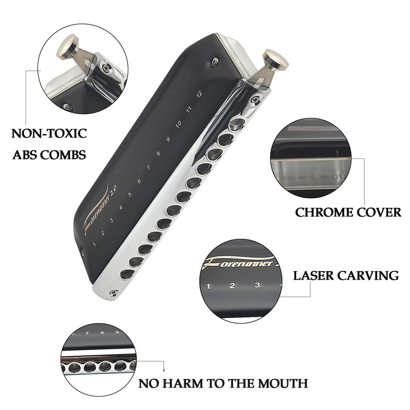 Forerunner 2.0 1248 Harmonica chromatique à 12 trous 48 tons sans valve, peigne en ABS transparent, pour joueurs, débutants et adultes (Forerunner 2.0 1248)