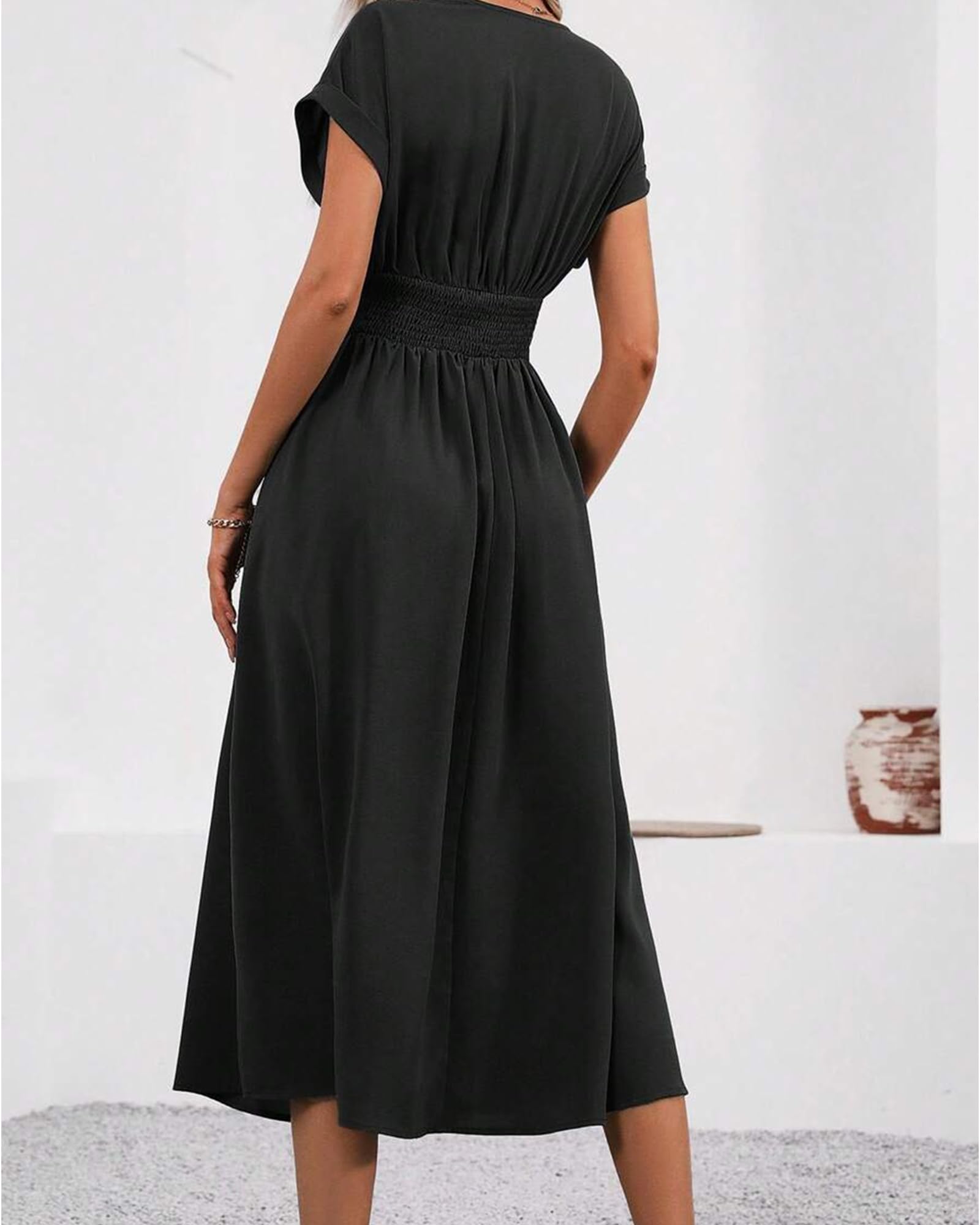 Robe Longue Femme Ete Elégante Robes de Plage Manches Courtes V Taille Haute Unie Maxi Dress Casual et Chic
