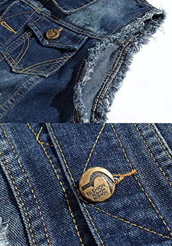 Image of ebossy Men's Ripped Distressed Denim Vest Sleeveless Button Up Jean Vest Jacket (Medium, Denim Blue)