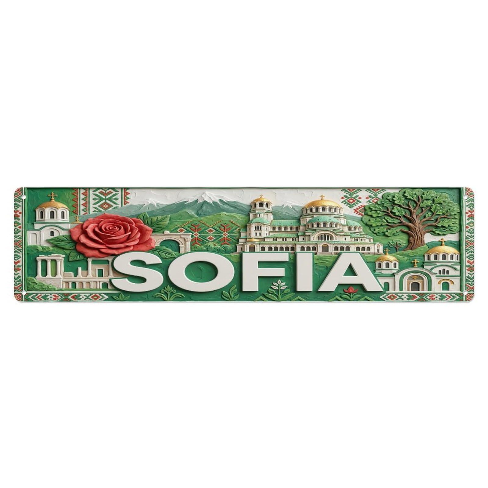 Cwbufd Vintage Style Vintage Sofia Bulgaria Flag Pattern Vintage Metal Tin Sign Plaque Wall Decor For Cafe, Club Bar, Office, Garden Metal Poster 4X16inch