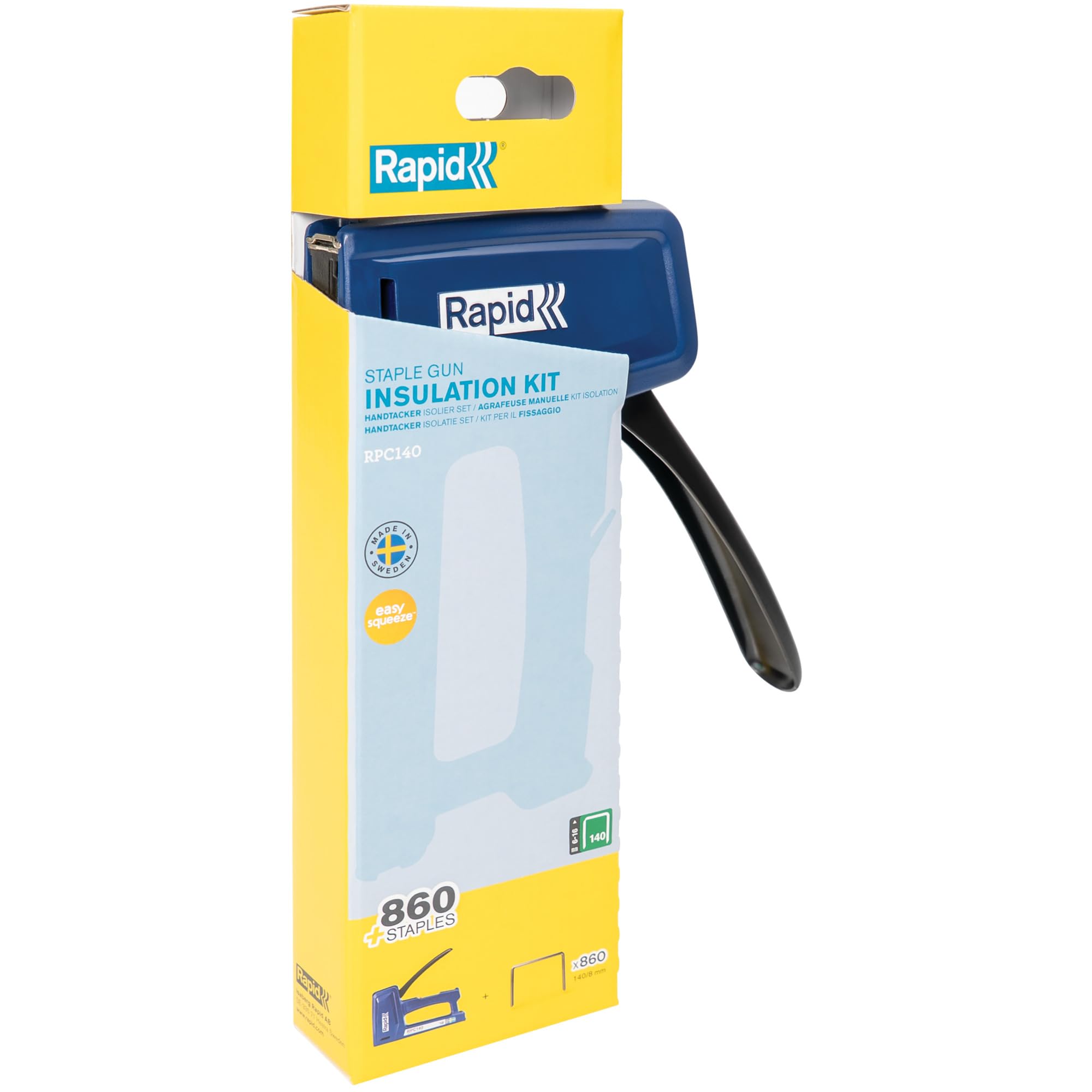 RAPID RPC140 - Kit Agrafeuse Murale Manuelle Textile, Plastique, Agrafeuse Bois, Tapissier, 50% Plus Facile à Utiliser, Agrafes jusqu'à 16 mm, Fabriquée en Suède, Inclus 860 Agrafes (5001750)