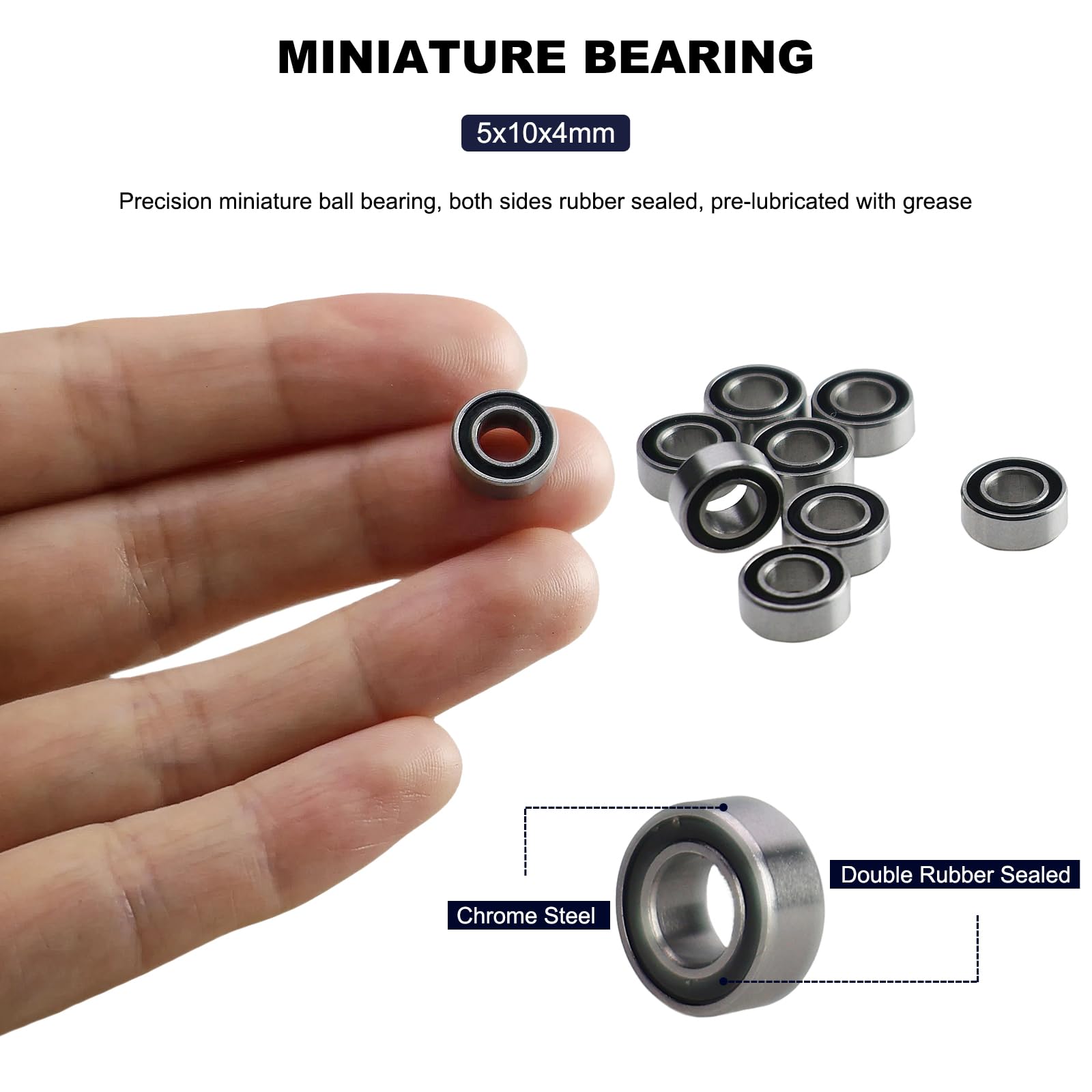 10 PCS MR105-2RS Deep Groove Ball Bearings - 5x10x4mm Double Sealed, Chrome Steel, Z2 Grade for RC Cars, Drones, Robotics, and Small Electric Motors (MR105 RS) - 4