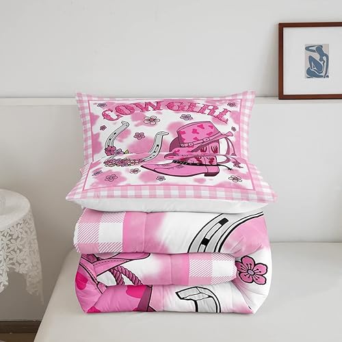 Miniatura 5 de Juego de ropa de cama de vaquera rosa con purpurina tamaño individual para niños y niñas, juego de edredón con estampado de piel de vaca rosa de 2