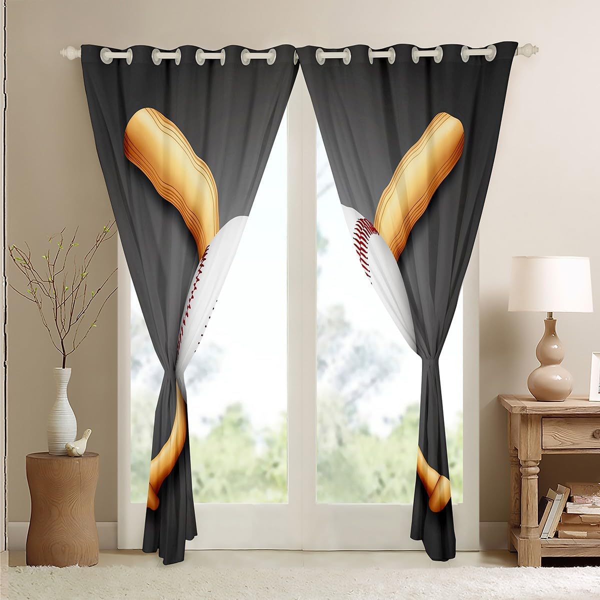 Feelyou Sports Baseball Curtain 3D Baseball Bat Printed Blackout Curtain for Bedroom for Kids Boys Teens 3D Baseball Thermal Curtain Sports Bedspread,Gray,52 X 84 Inch,2 Panels