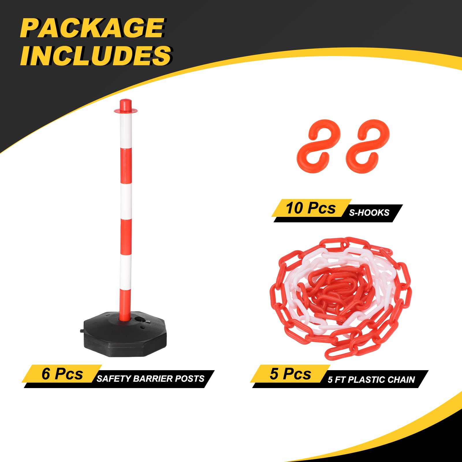PATIKIL 6 Pcs Postes Delineadores De Tráfico con Base Rellenable, Barreras De Seguridad De Cadena Plástica De 5 Pies para Estacionamiento De Construcción Y Exteriores, Rojo/Blanco
