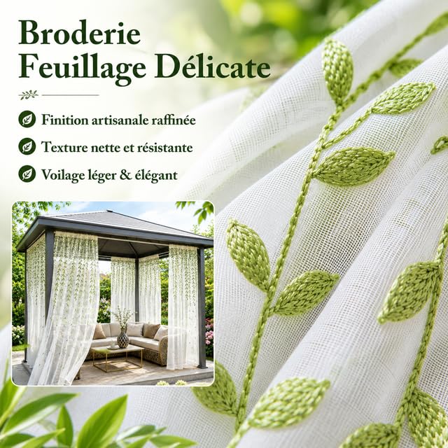 Lot de 2 Rideaux Extérieurs Brodés en Mousseline, Voilage Anti-Moustiques Haute Densité, Finition Manchon, Design Feuillage Élégant pour Patio, Pergola, Gazebo, Terrasse(140LX175H cm)