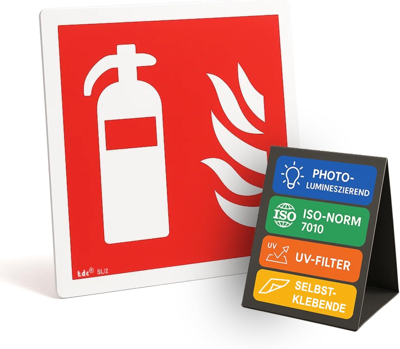 Naklejka „Gaśnica” z PVC [10 × 10 cm] | Samoprzylepna, zgodna z normą DIN EN ISO 7010 | Piktogram przeciwpożarowy | Do wnętrz i na zewnątrz | Odporna na warunki atmosferyczne