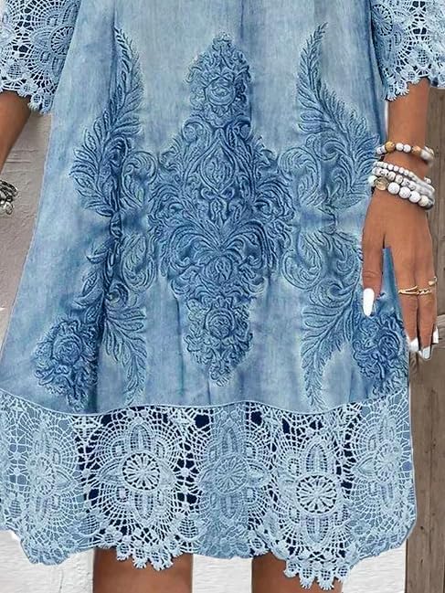 utcoco Womens V-Neck 3/4 Sleeve Summer Dress 2025 Fashion Flower Print Lace Hollow Out Mini Dress - Image 4