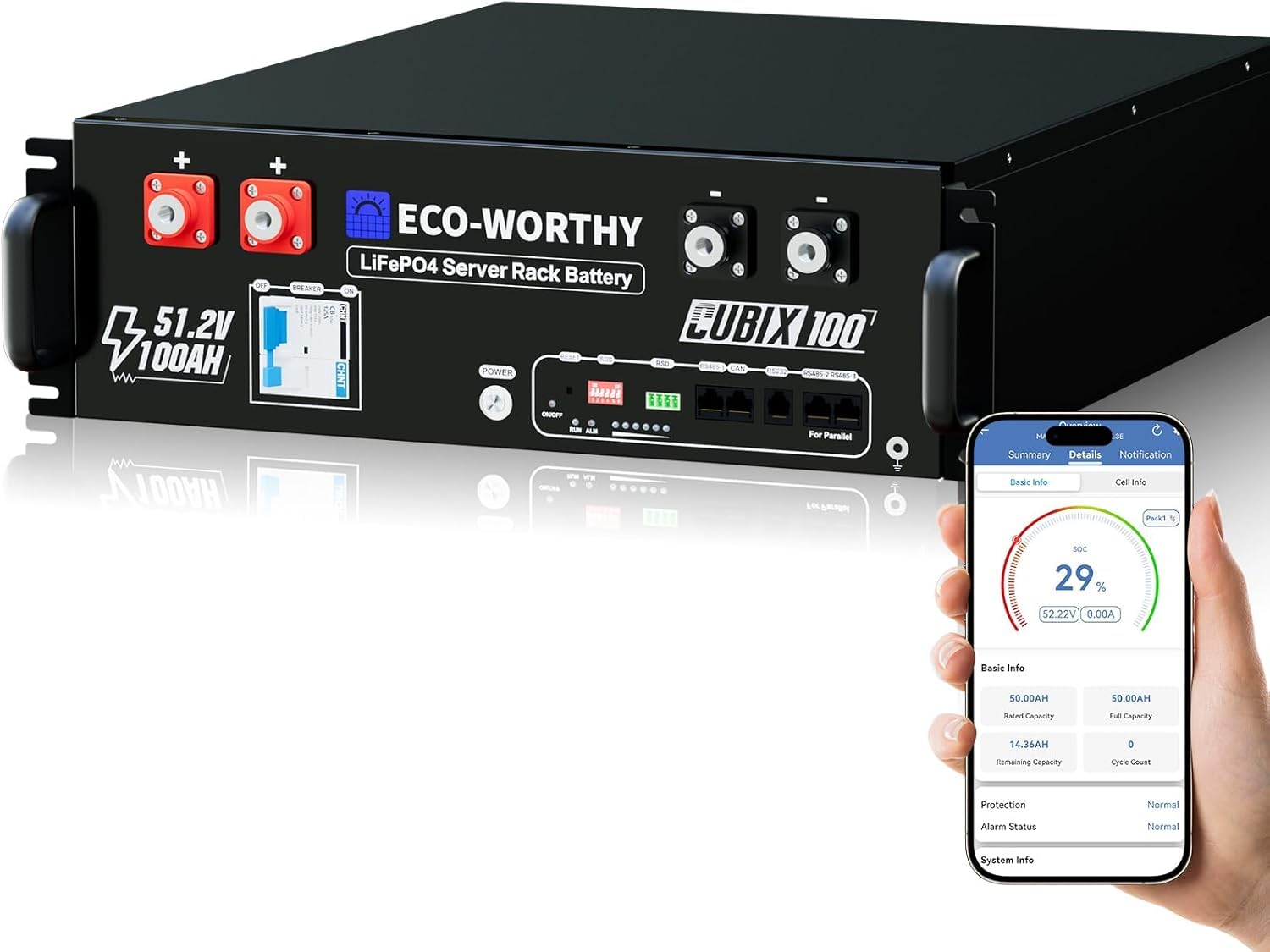 ECO-WORTHY LiFePO4 48 V 100 Ah Bluetooth z baterią litową 100 A BMS 5,12 kWh 48 V, szafa serwerowa, bateria solarna do instalacji solarnych, kompletny zestaw, instalacja fotowoltaiczna, IEC 62619