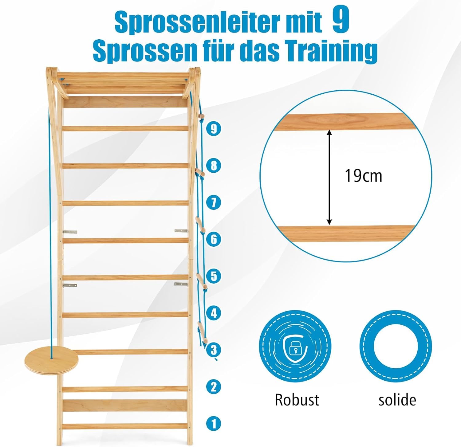 FANTASK Kletterwand Turnwand Holz, Indoor Outdoor Sprossenwand Klettergerüst, Gym Sportgerät, Tragfähigkeit von 100 kg, Natur