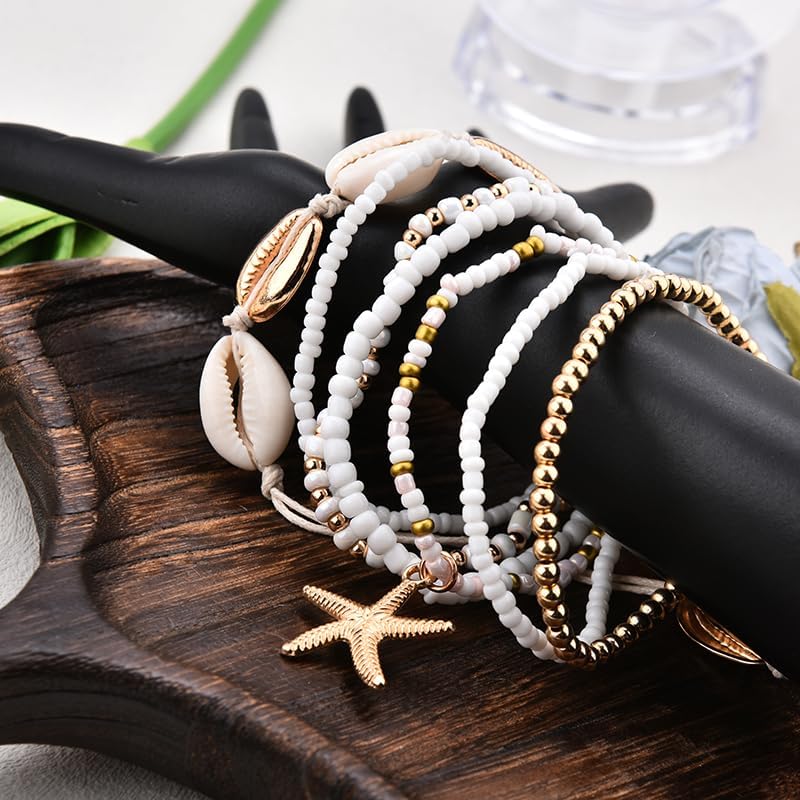 Beach Ocean Bracelet Gifts for Women Starfish Shell Bracelet for Women Handmade Beaded Bracelets Set of 7 - Image 4