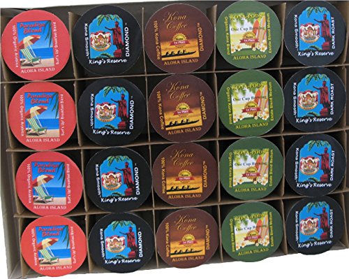 20 Count Kona One-Cup Variety Pack Gift for Single Serve Brewing Systems, Pure Kona and Kona Hawaiian Coffee, Gift Boxed for Valentines, Mothers Day, Fathers Day and all Occasions