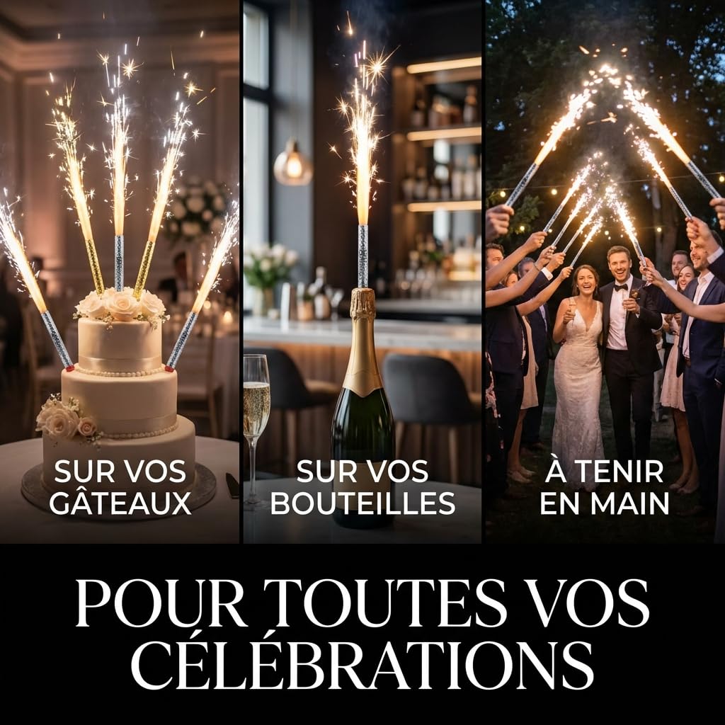 LPF LE PETIT FOURNISSEUR – Lot 200 Fontaines Scintillantes 60 Secondes Réelles – Flamme Dorée 30cm – Sans Odeur – Catégorie F1 Normes Européennes – Pour Gâteau, Bouteille, Soirées & Événements Festifs