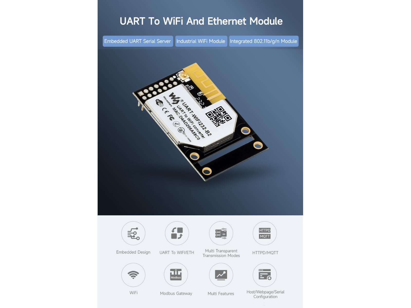 UART To WiFi and Ethernet Module,UART Serial Server,Industrial WiFi Module,Integrated 802.11b/g/n Module,TTL Serial Port, WiFi, and Ethernet Port Bi-Directional Transparent Transmission