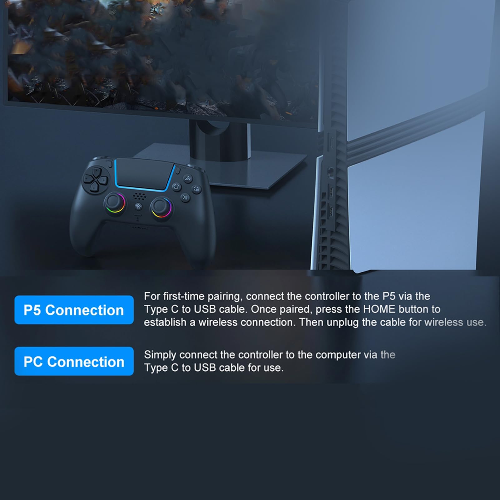 Cocoarm Controller di Gioco Wireless, Gamepad Bluetooth ABS con Batteria da 1000 MAh, Illuminazione RGB, Controllo del Movimento a 6 Assi, Risposta Cablata a 800 Hz per Giocatori PC e Gioco Quotidiano